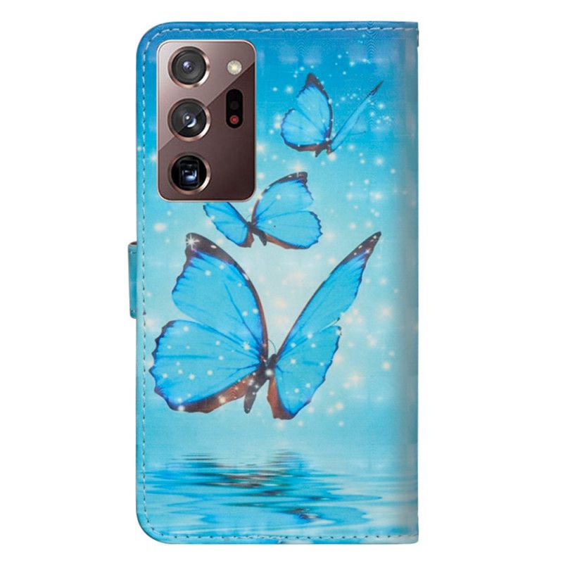 Housse Samsung Galaxy Note 20 Ultra Papillons Bleus Volants