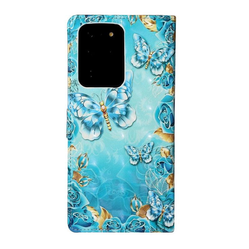 Housse Samsung Galaxy S20 Ultra Papillons Et Fleurs Sur Fond Bleu