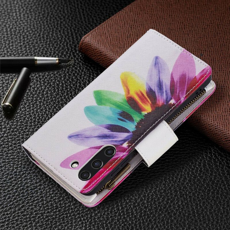 Housse Samsung Galaxy S21 FE Poche Zippée Fleur