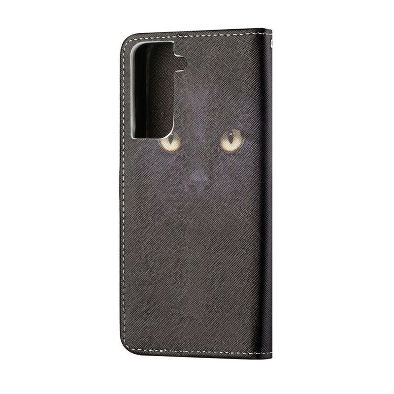 Housse Samsung Galaxy S21 FE Yeux De Chat Noir À Lanière