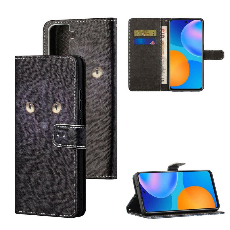 Housse Samsung Galaxy S21 FE Yeux De Chat Noir À Lanière