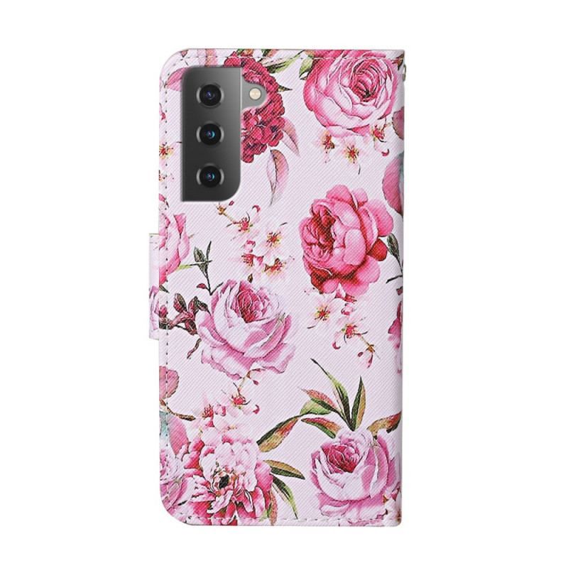 Housse Samsung Galaxy S22 Plus 5G Fleurs Magistrales avec Lanière