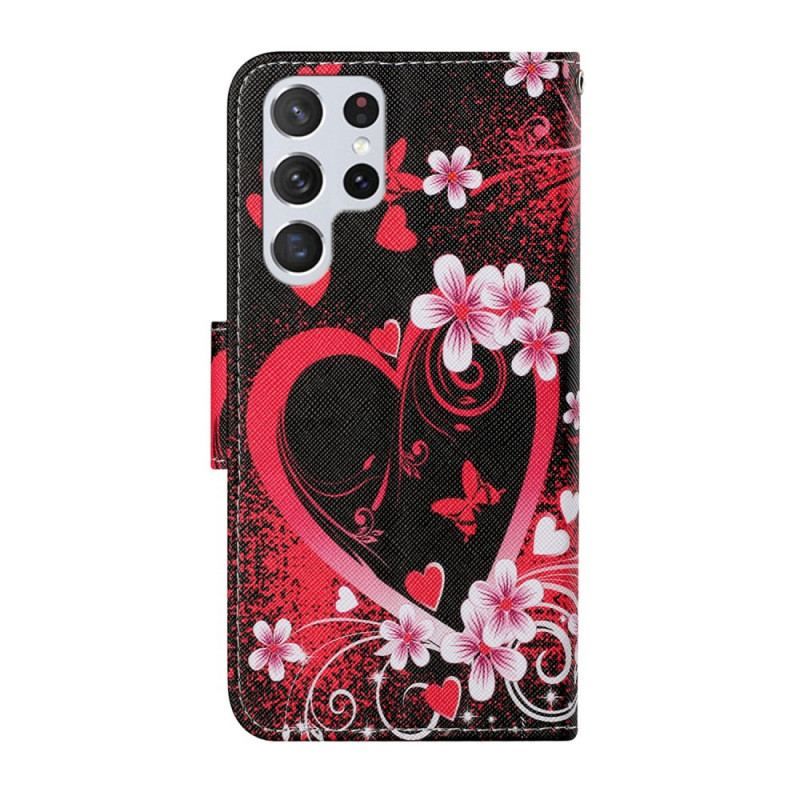 Housse Samsung Galaxy S22 Ultra 5G Fleurs et Coeurs avec Lanière