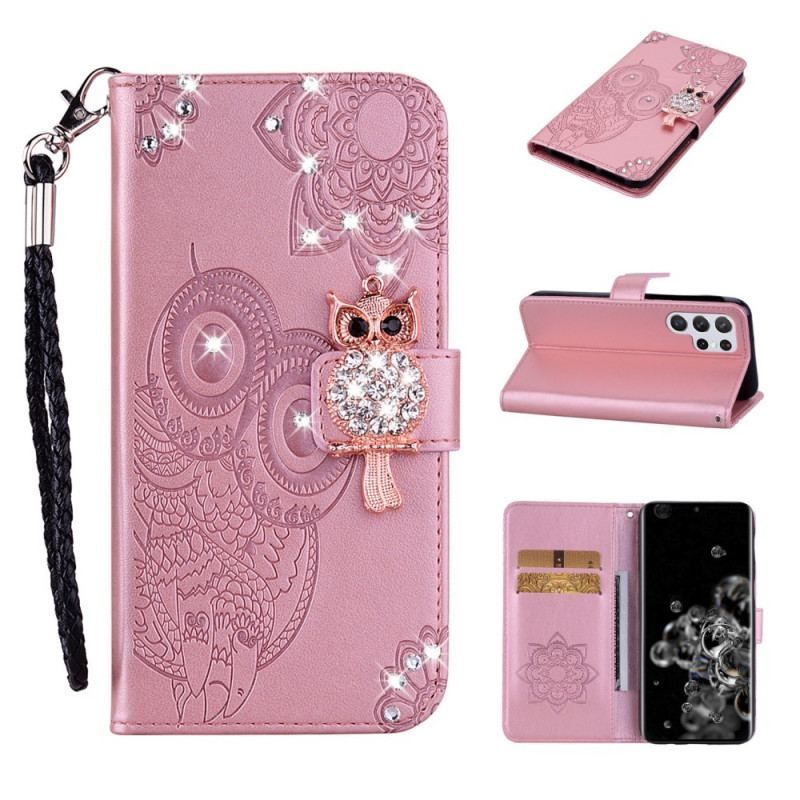 Housse Samsung Galaxy S22 Ultra 5G Hibou Mandala et Breloque