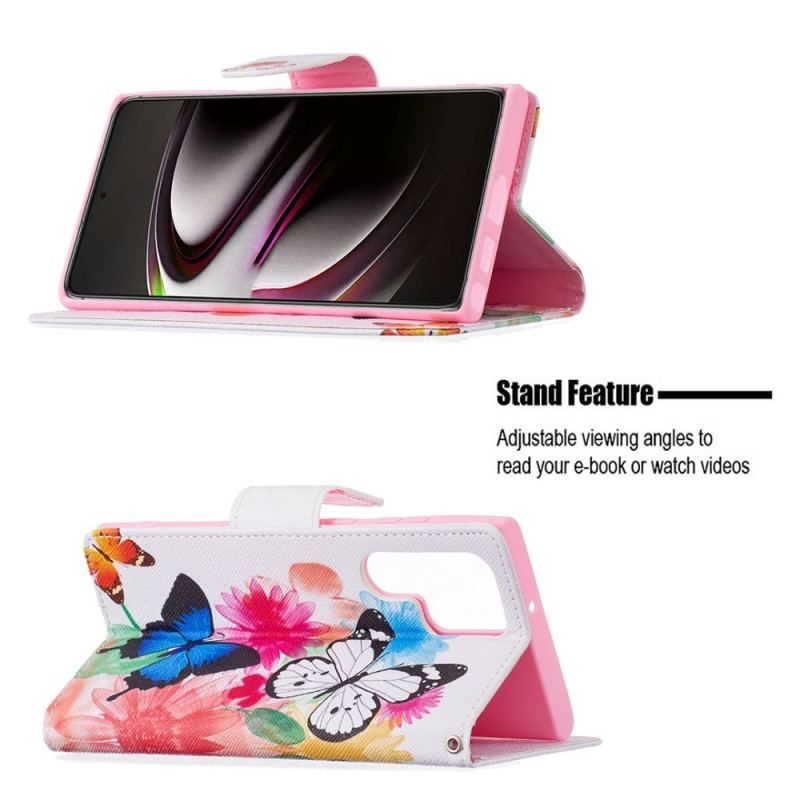 Housse Samsung Galaxy S22 Ultra 5G Papillons et Fleurs Peints