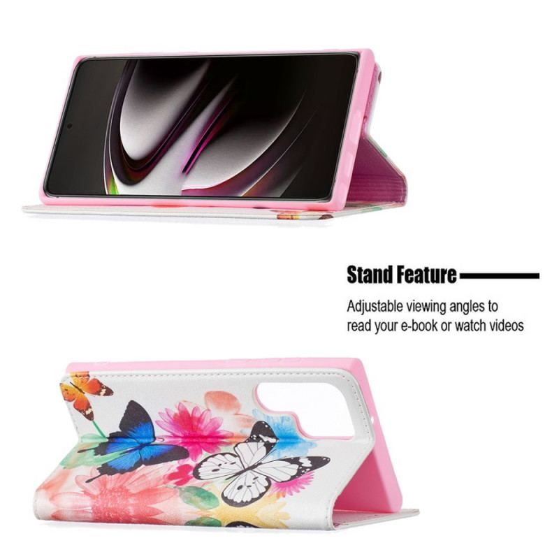 Housse Samsung Galaxy S22 Ultra 5G Papillons et Fleurs Peints