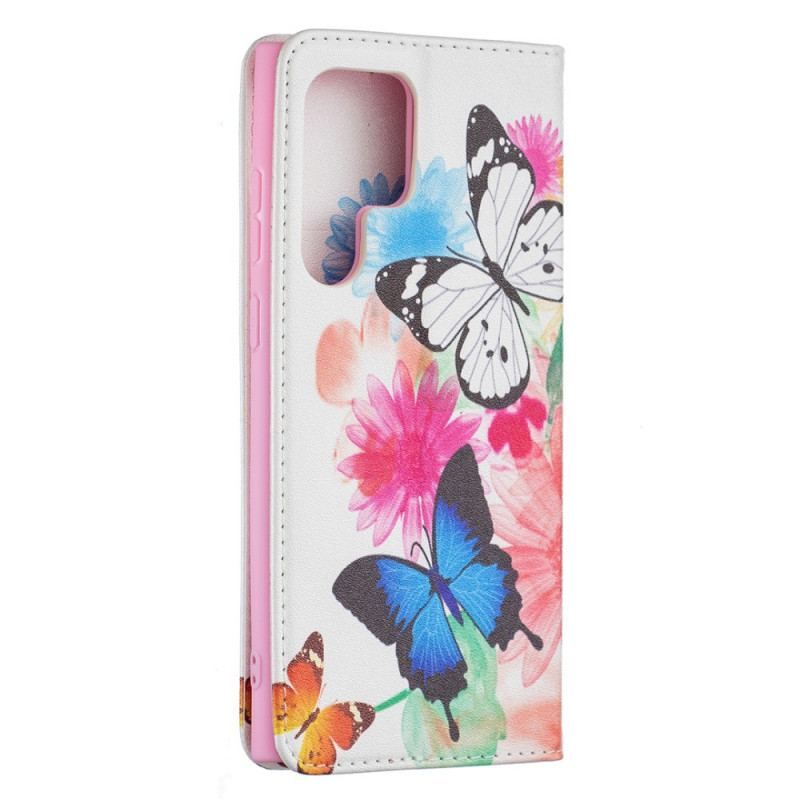 Housse Samsung Galaxy S22 Ultra 5G Papillons et Fleurs Peints