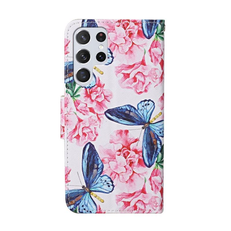 Housse Samsung Galaxy S22 Ultra 5G Papillons Floraux Lanière