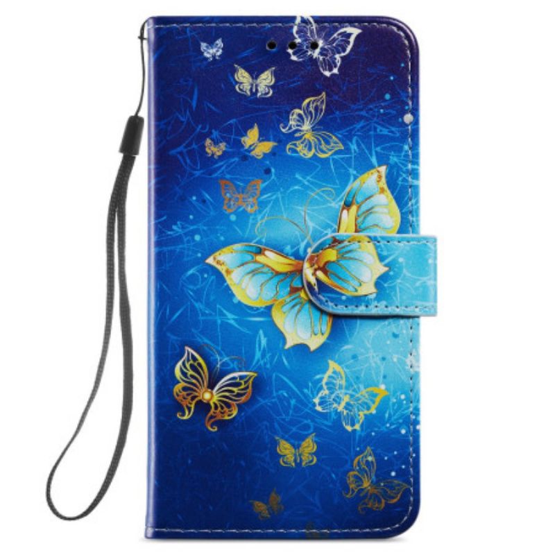 Housse Samsung Galaxy S24 5G Beaux Papillons Dorés à Lanière