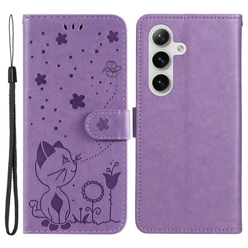 Housse Samsung Galaxy S24 5G Chat et Abeilles à Lanière