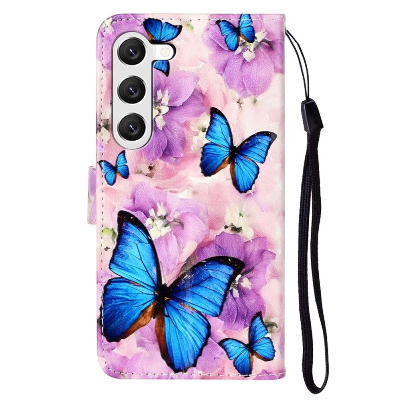 Housse Samsung Galaxy S24 5G Fleurs Violettes et Papillons à Lanière