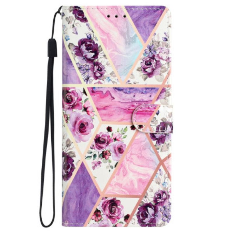 Housse Samsung Galaxy S24 5G Marbre Fleurs Violettes à Lanière