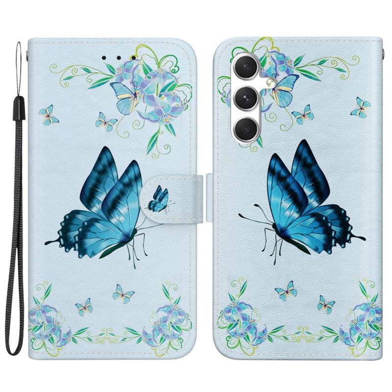 Housse Samsung Galaxy S24 5G Papillon Bleu et Fleurs