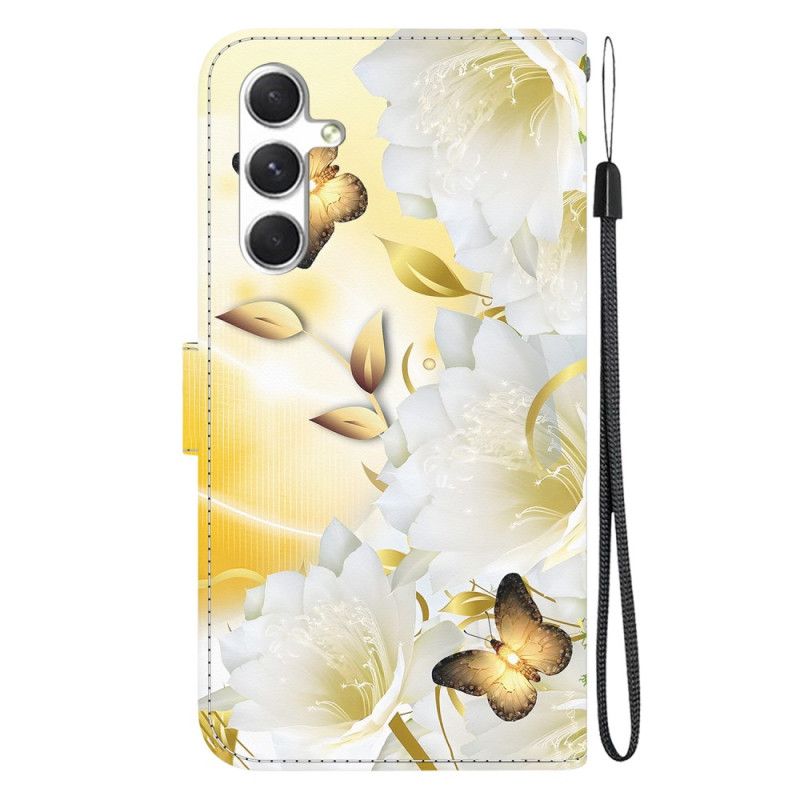 Housse Samsung Galaxy S24 5G Papillon Dorés et Fleurs à Lanière