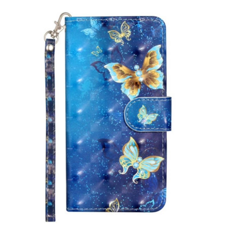 Housse Samsung Galaxy S24 5G Papillons Bleus et Dorés avec Lanière