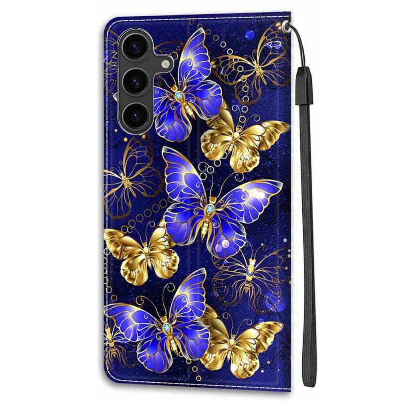 Housse Samsung Galaxy S24 5G Papillons Dorés et Bleus à Lanière