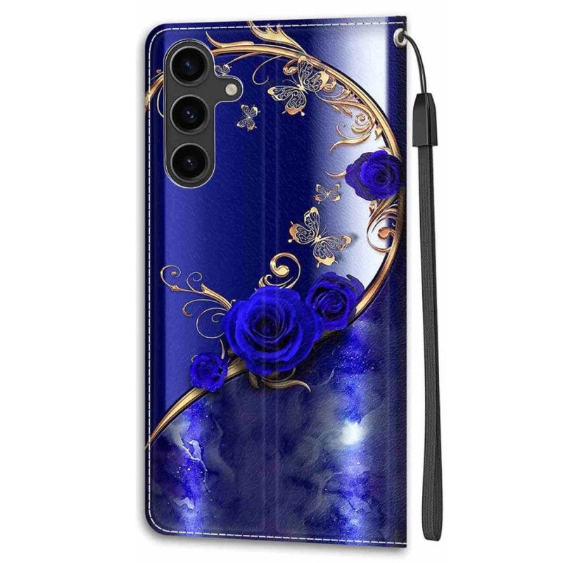 Housse Samsung Galaxy S24 5G Roses Bleues et Papillons Dorés à Lanière