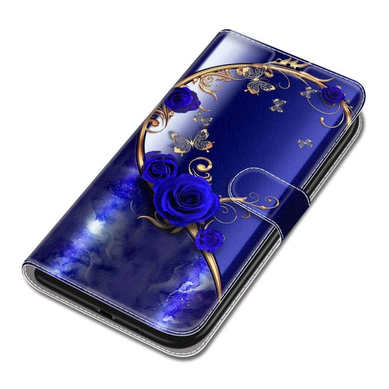 Housse Samsung Galaxy S24 5G Roses Bleues et Papillons Dorés à Lanière