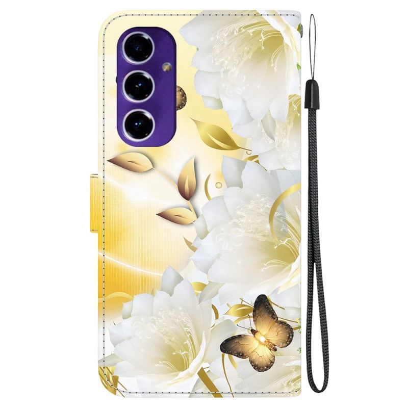 Housse Samsung Galaxy S24 FE Papillons Dorés et Fleurs Blanches