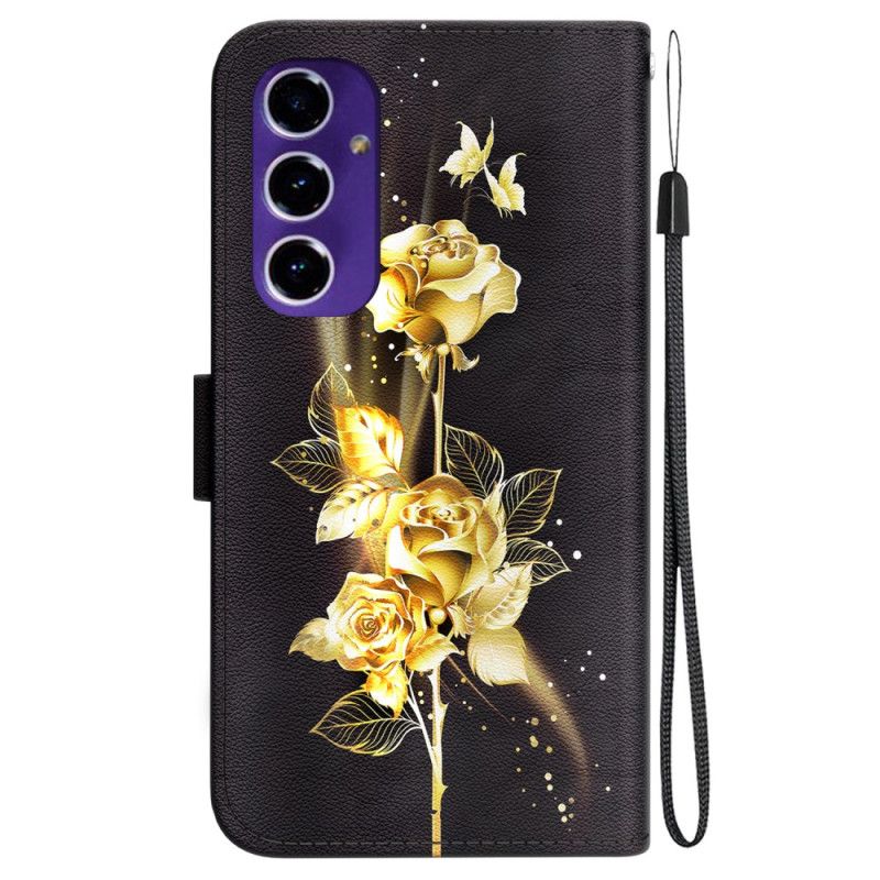 Housse Samsung Galaxy S24 FE Papillons Dorés et Roses à Lanière