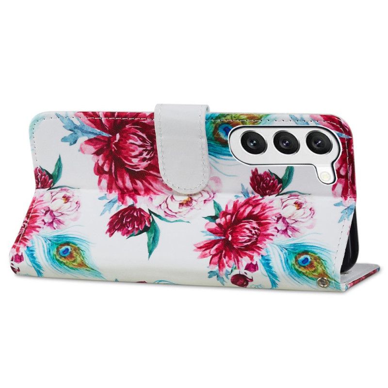 Housse Samsung Galaxy S24 Plus 5G Motif de Fleurs de Paon à Lanière