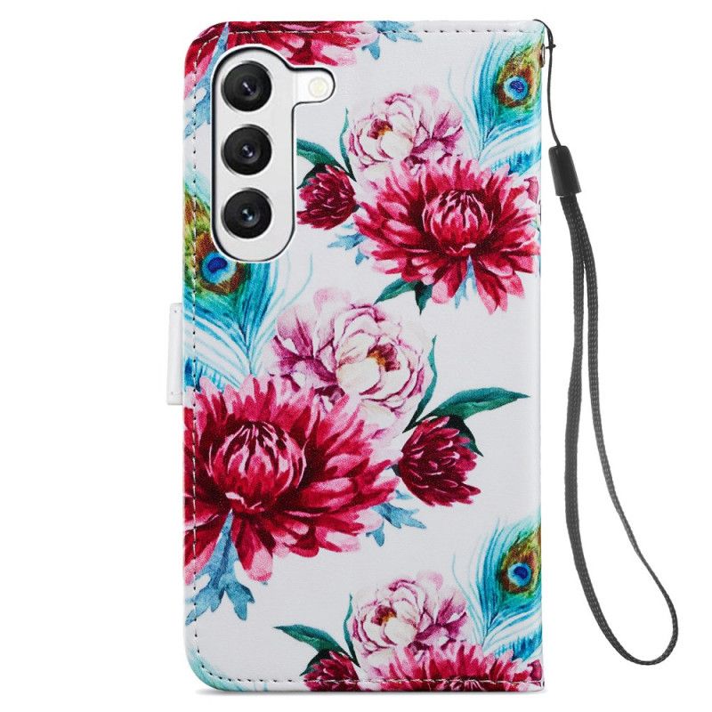 Housse Samsung Galaxy S24 Plus 5G Motif de Fleurs de Paon à Lanière