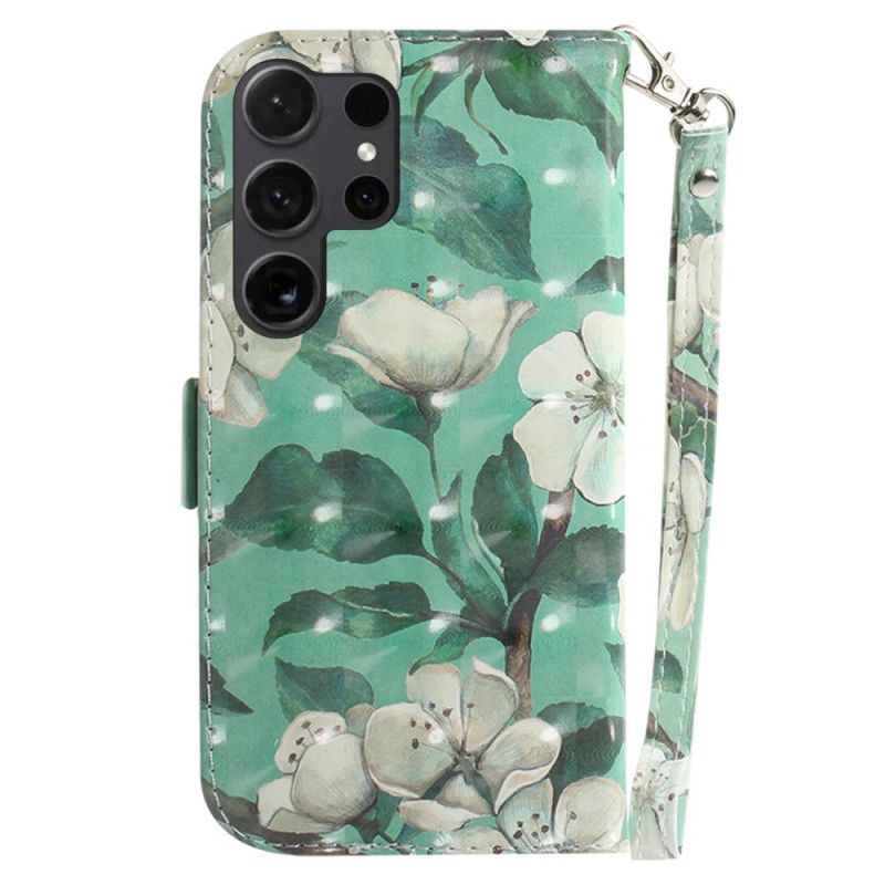 Housse Samsung Galaxy S24 Ultra 5G avec Fleurs Blanches à Lanière