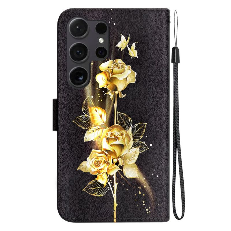 Housse Samsung Galaxy S24 Ultra 5G Papillon et Rose Dorés à Lanière