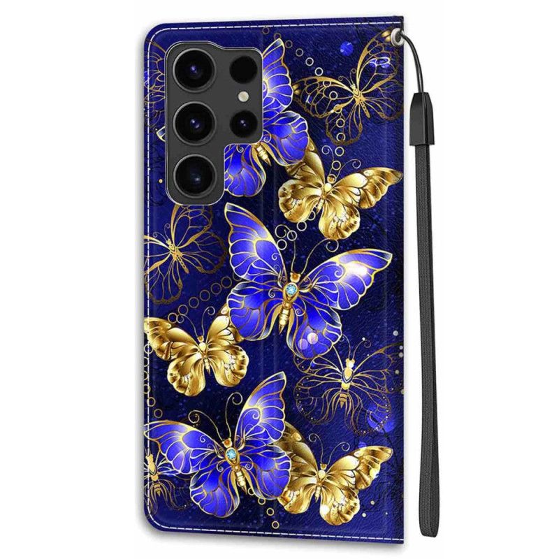 Housse Samsung Galaxy S24 Ultra 5G Papillons Dorés et Violets à Lanière