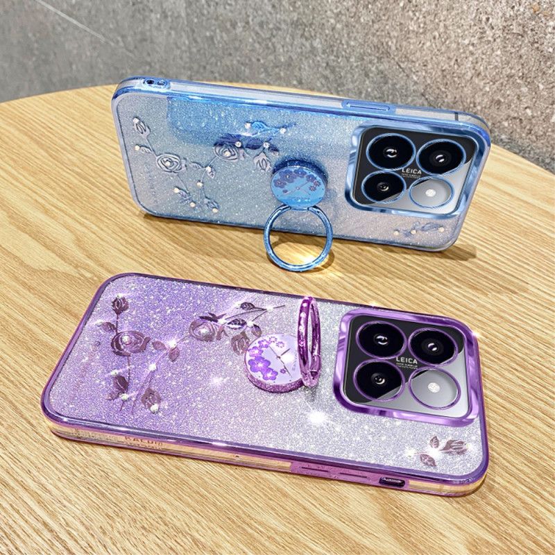 Coque Xiaomi 14T Pro Anneau-Support Strass et Fleurs KADEM