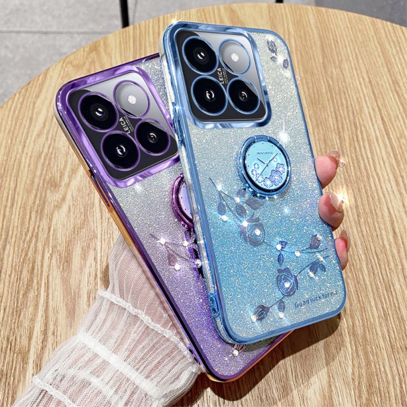 Coque Xiaomi 14T Pro Anneau-Support Strass et Fleurs KADEM