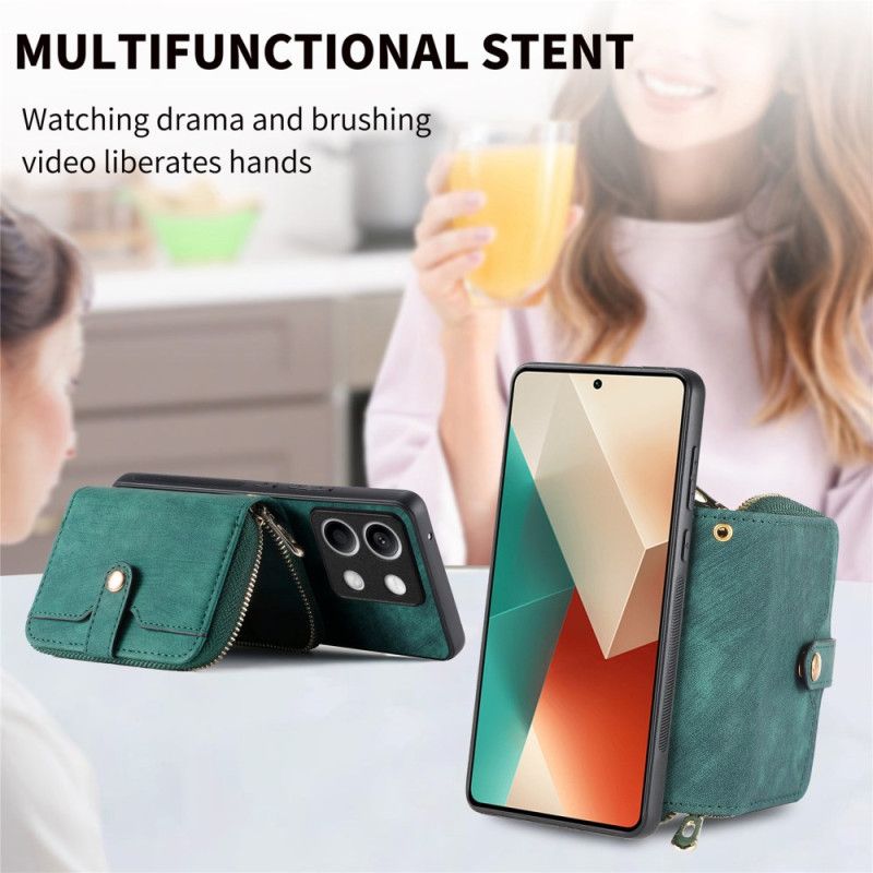 Coque Xiaomi Redmi Note 13 5G Rétro avec Poche à Fermeture Éclair et Lanière