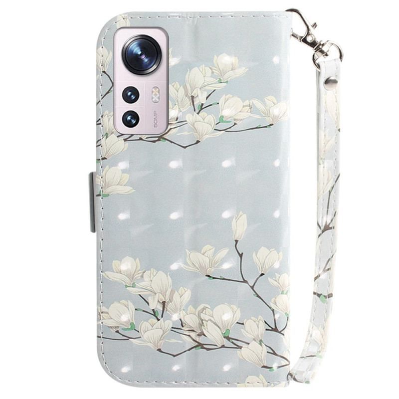 Housse Xiaomi 12 / 12X Fleurs Blanches à Lanière