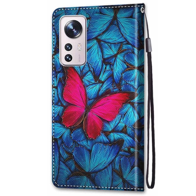 Housse Xiaomi 12 / 12X Papillon Rouge à Lanière