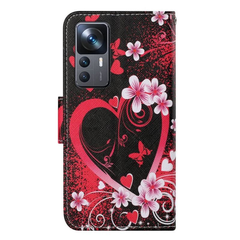 Housse Xiaomi 12T / 12T Pro Fleurs et Coeurs avec Lanière