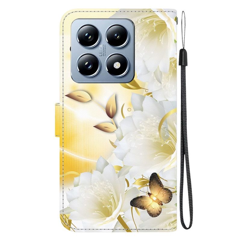 Housse Xiaomi 14T Pro Papillons Dorés et Fleurs Blanches