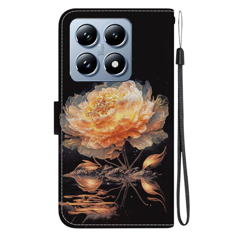 Housse Xiaomi 14T Pro Pivoine Dorée à Lanière