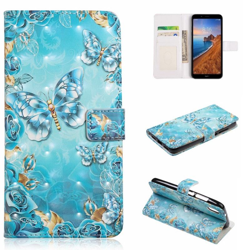 Housse Xiaomi Redmi 7a Papillons Et Fleurs Sur Fond Bleu