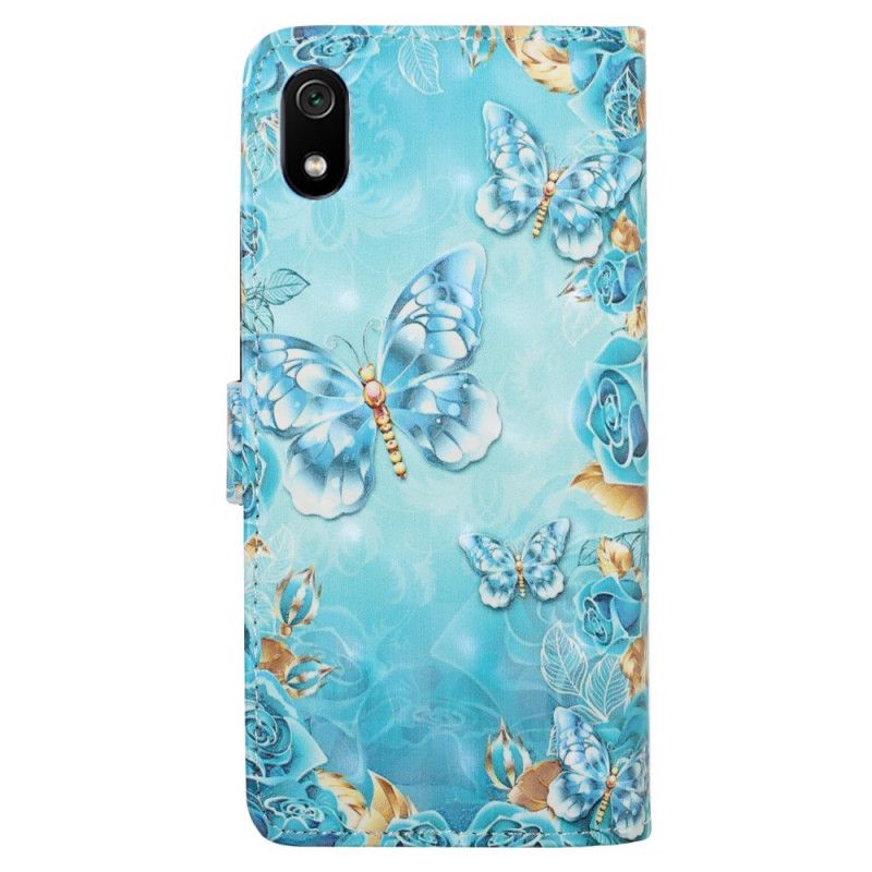 Housse Xiaomi Redmi 7a Papillons Et Fleurs Sur Fond Bleu