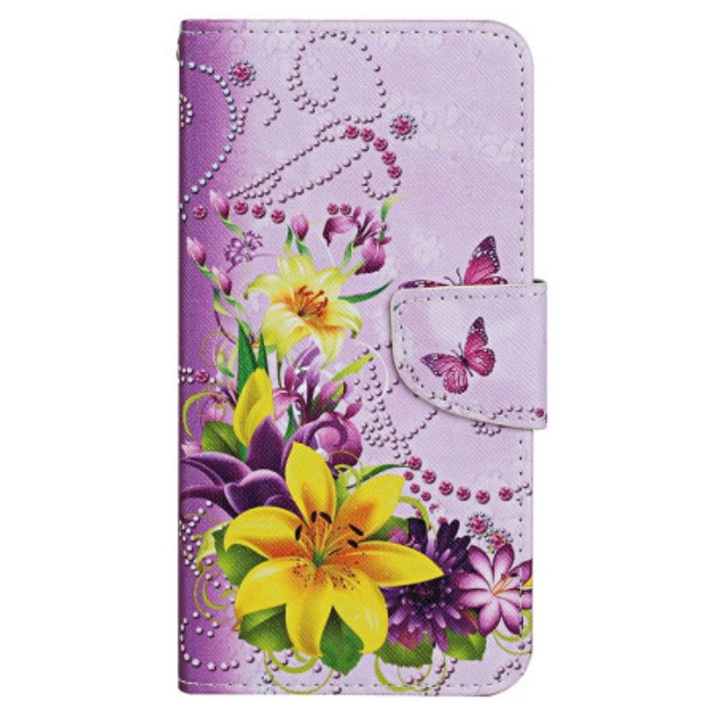 Housse Xiaomi Redmi Note 13 4G Motif Fleurs et Papillons à Lanière