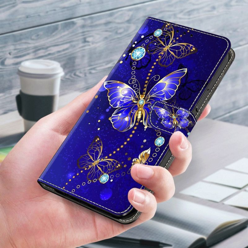 Housse Xiaomi Redmi Note 13 4G Papillons Diamant sur Fond Bleu