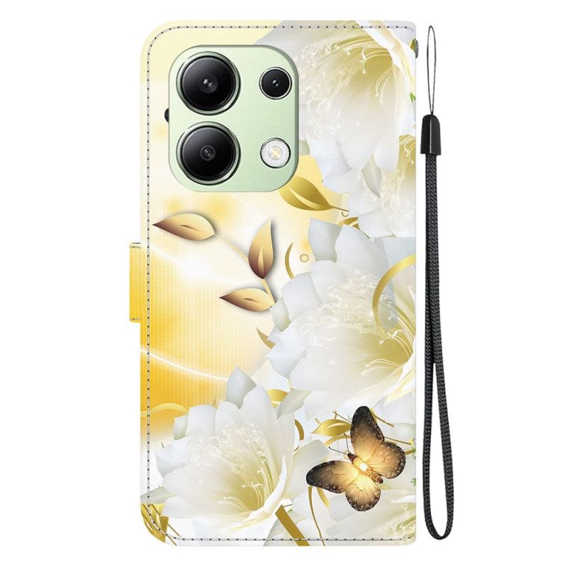 Housse Xiaomi Redmi Note 13 4G Papillons Dorés et Fleurs Blanches à Lanière