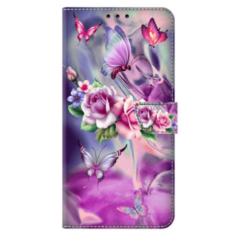 Housse Xiaomi Redmi Note 13 5G Papillons et Fleurs Violets